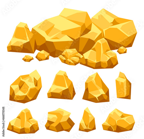 Gold golden stone mine rock pile goldmine material heap concept. Vector flat graphic design illustration