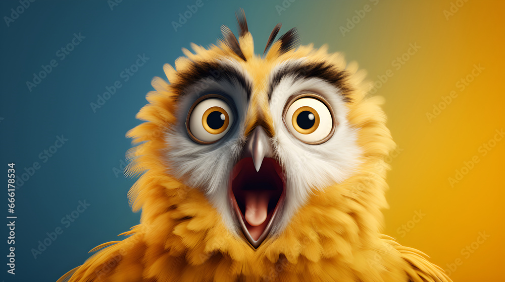 Fototapeta premium Surprised yellow owl with large eyes, fluffy feathers, and an open beak, set against a smooth colorful background
