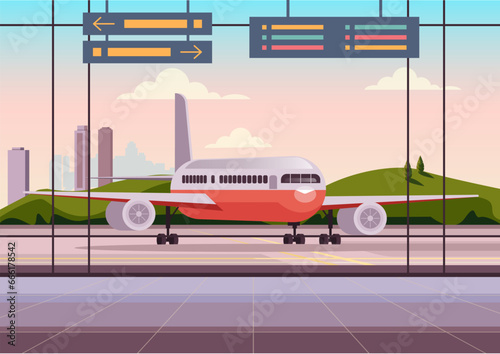 Airport travel terminal interior airplane board departure window concept. Vector flat graphic design illustration
