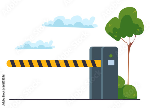 Transport car barrier gate railroad road automatic parking stop concept. Vector flat graphic design illustration