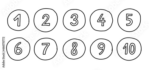 Scribble hand drawn numbers from one to ten. Vector black line lettering isolated on white background. photo