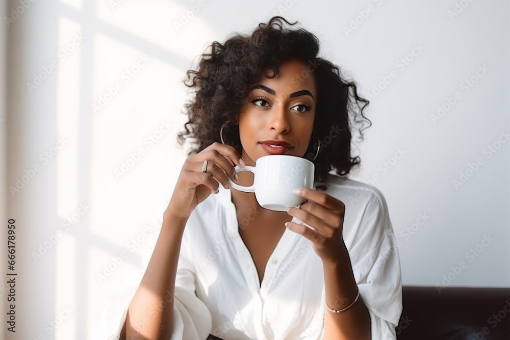 Young black woman drinking a cup of tea coffee at home Young black woman drinking a cup of tea coffee at home