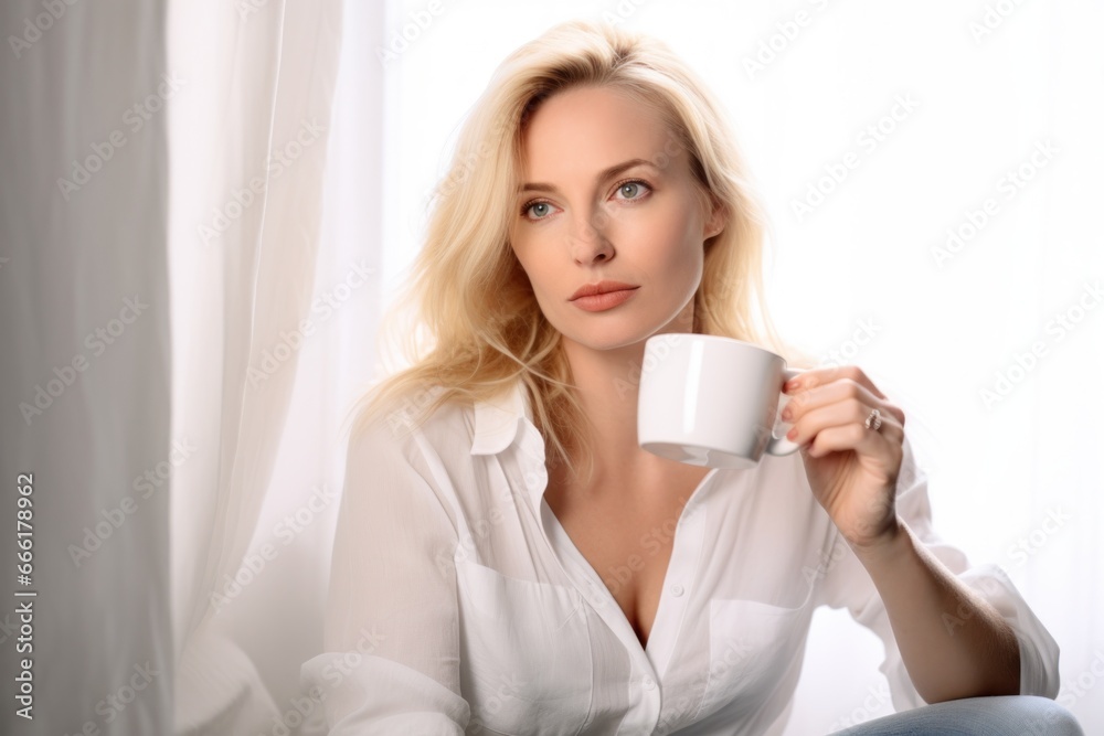 Young blond woman drinking a cup of tea coffee at home Young blond woman drinking a cup of tea coffee at home