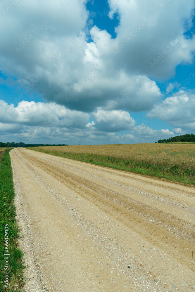 A dry sandy road passes through a field under the scorching sun and clouds. Dirt road outside the city in the village. Arid climate on earth. Climate change and its consequences. A dry sandy road passes through a field under the scorching sun and clouds. Dirt road outside the city in the village. Arid climate on earth. Climate change and its consequences.