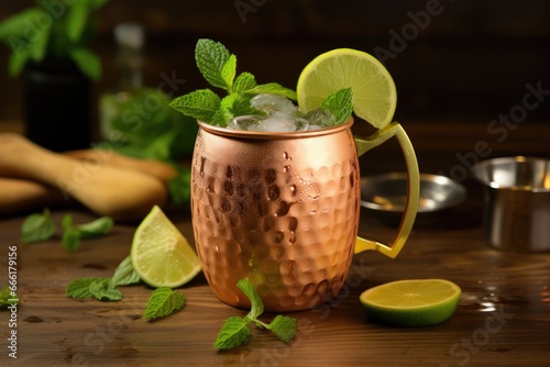  a copper mug filled with ice and limes on a table.  generative ai