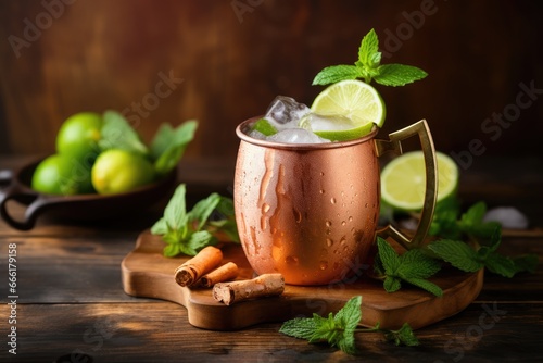  a copper mug with a lime and mint garnish. generative ai