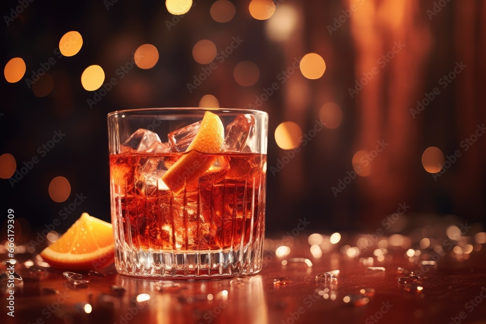 a close up of a glass of alcohol with an orange slice. generative ai a close up of a glass of alcohol with an orange slice. generative ai