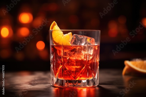  a close up of a glass of alcohol with a slice of orange.  generative ai