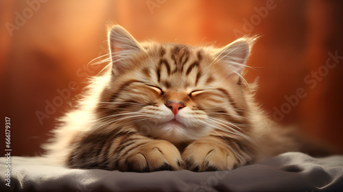 Sleepy brown cat with closed eyes and soft fur rests peacefully, glowing in warm orange light