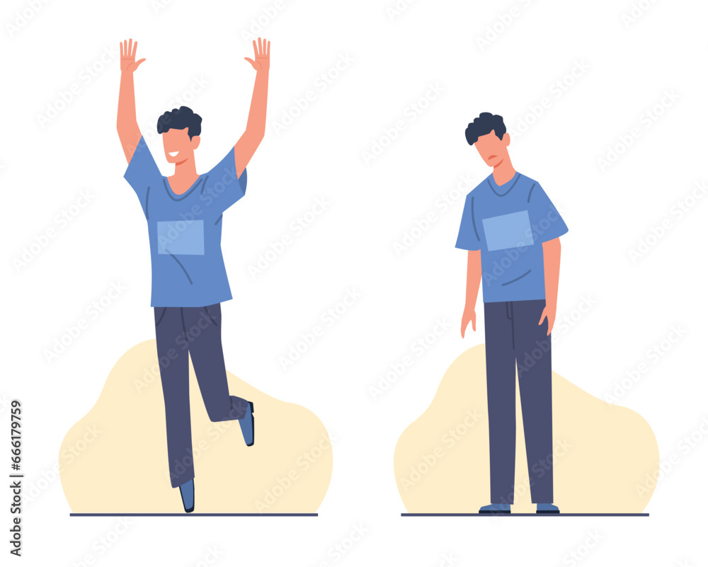 Funny guy and sad guy. Good and bad mood. Different emotions. Successful and unsuccessful worker. Negative and positive character. Mental health. Cartoon flat isolated vector concept