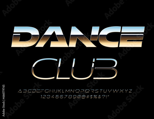 Vector metallic Emblem Dance Club. Futuristic style Font. Trendy Silver Alphabet Letters and Numbers