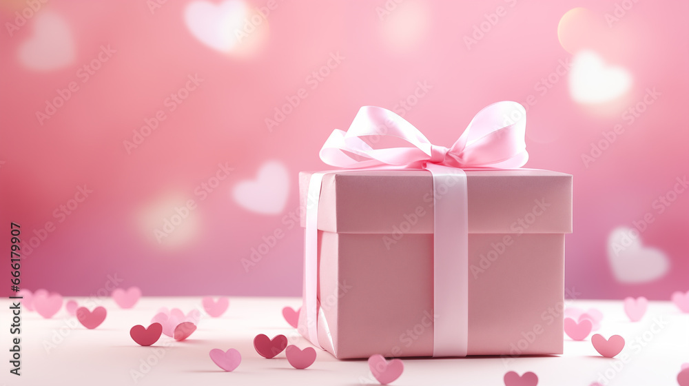 Gift box with pink ribbon and hearts on pink background. Valentine's day concept.
