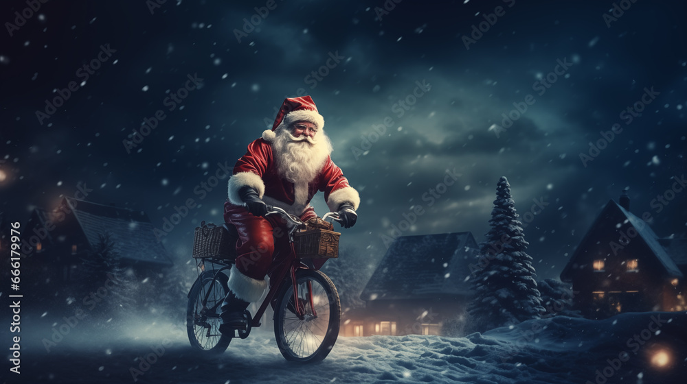 Santa Claus rides a bicycle through a snowy village. Christmas concept.