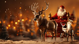 Santa sleigh flying with reindeer Gifts on Christmas Eve red background. Christmas lighting. Xmas Happy New Year Background. Generative Ai.