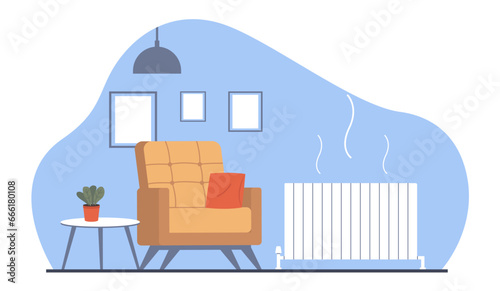Heating system battery in house. Armchair in living room, radiator interior object, climate control in home equipment. Hot air in apartment. Cartoon flat style isolated vector concept
