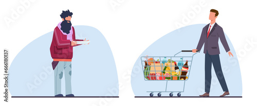 Hungry poor beggar and rich man with cart full of food. Contrast in social economic classes, Socialclass inequality, donation and charity. Cartoon flat style isolated vector concept