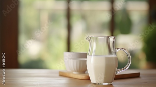 Glass of fresh milk and jug on wooden tabletop with blur kitchen as background.