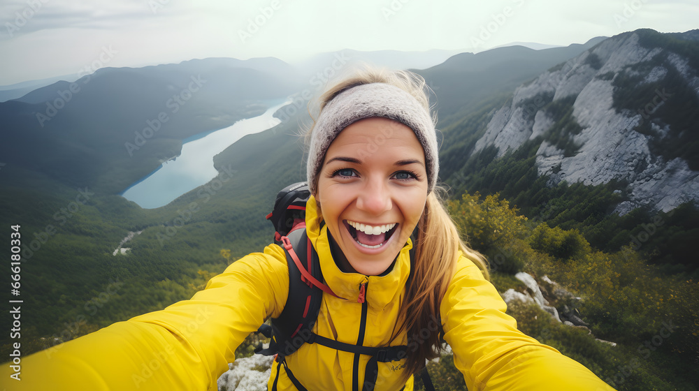 Une femme en train de se prendre en selfie pendant une randonnée à la montagne.