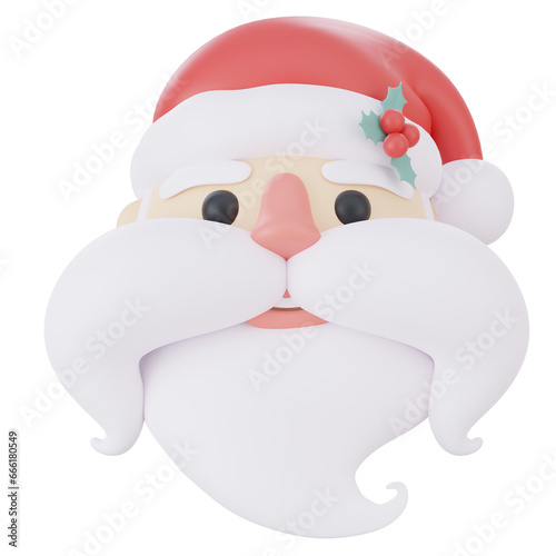3d rendering cute Santa claus with holly leaves isolated on transparent background.