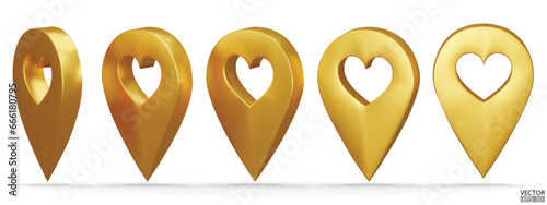 Set of golden map pointer on heart shape isolated on white background. Gold location pin or navigation. 3D Locator mark of map pointer, symbol, position.