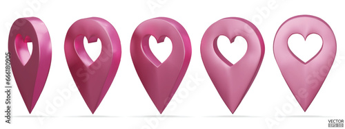 Set of map pointer on heart shape isolated on white background. Rose gold location pin or navigation. 3D Locator mark of map pointer, symbol, position.