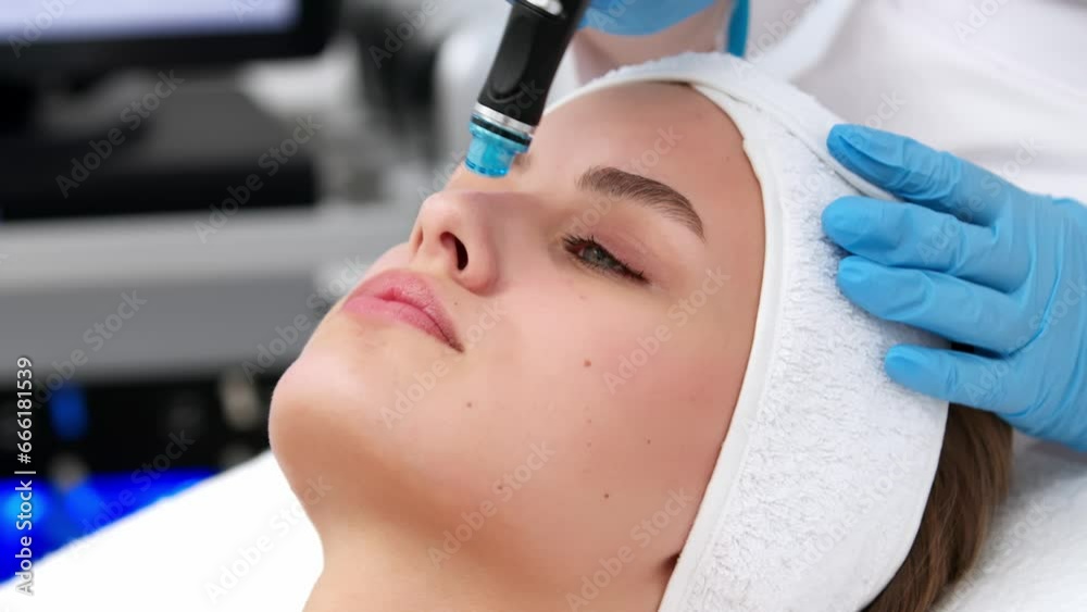 Close-up shot of a young beautiful woman lying on a couch in a cosmetology center. Young woman doing hydrofacial therapy in beauty spa. Close-up shot of a young beautiful woman lying on a couch in a cosmetology center. Young woman doing hydrofacial therapy in beauty spa.