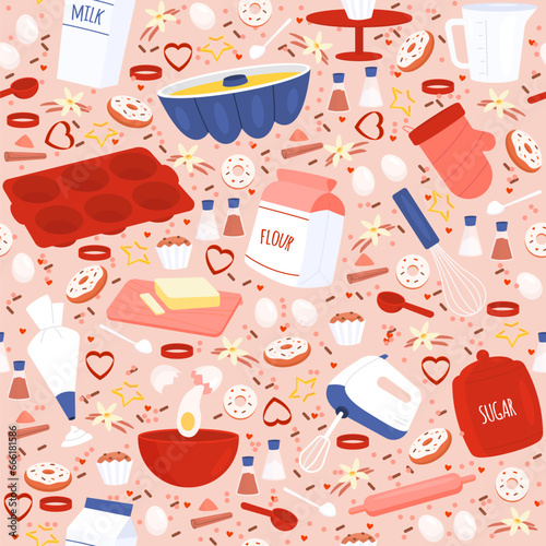 Seamless pattern with baking implements. Pastry cooking, homemade confectionery. Decor kitchen textile, wrapping paper, wallpaper design. Print for fabric. Cartoon flat isolated vector concept