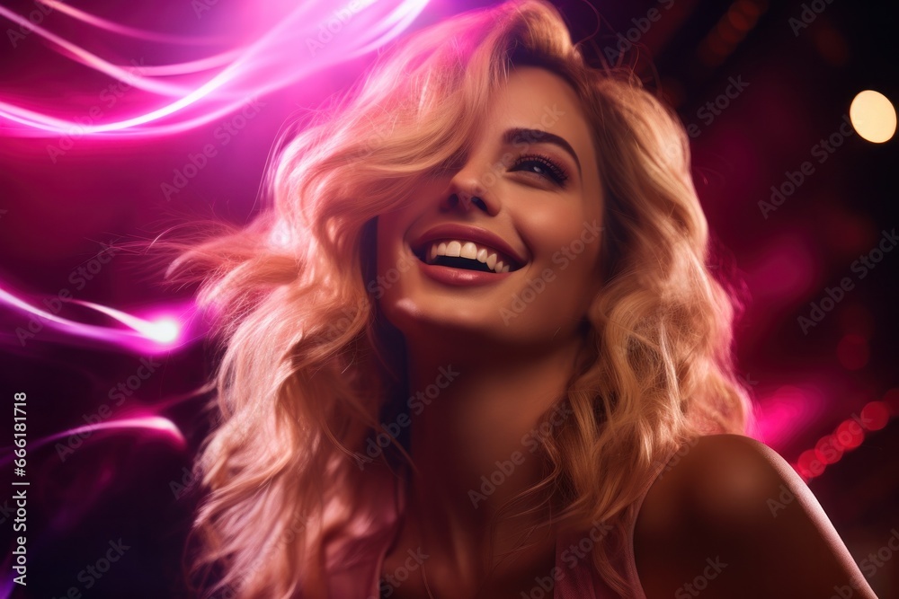 A vivacious blonde woman's radiant smile is amplified by the playful pink lights surrounding her, as she dances to the beat of the music, exuding pure joy and freedom A vivacious blonde woman's radiant smile is amplified by the playful pink lights surrounding her, as she dances to the beat of the music, exuding pure joy and freedom