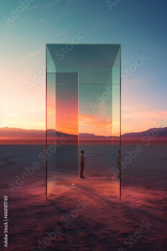 A lone figure enveloped by the sky and surrounded by the outdoor elements, reflecting on the ever-changing water and endless horizon as the sun rises and sets, creating a living landscape within the 