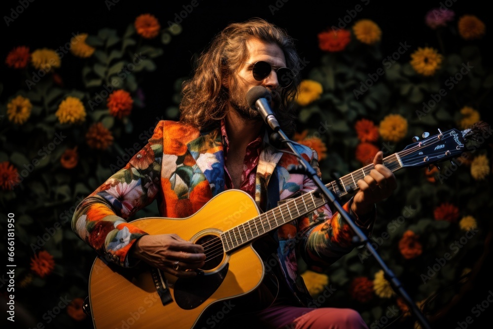 Obraz premium A charismatic musician captivates the crowd with his guitar and soulful singing, his outfit exuding cool confidence as the indoor concert becomes a magical fusion of music and performance