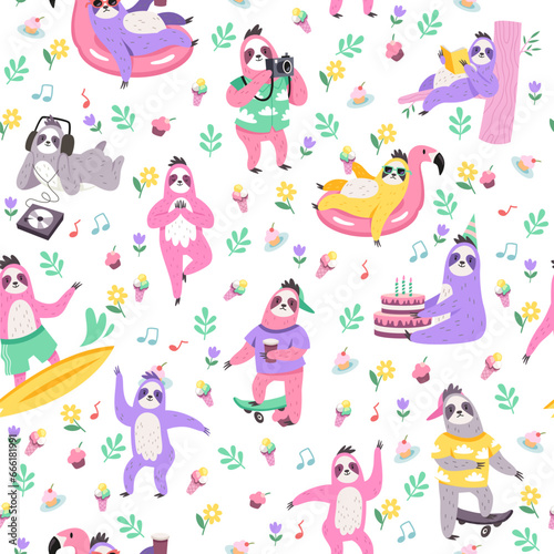 Seamless pattern with sloths. Cute lazy animals. Funny sloth. Childish decor textile, wrapping paper, wallpaper design. Print for fabric. Cartoon flat style isolated vector concept