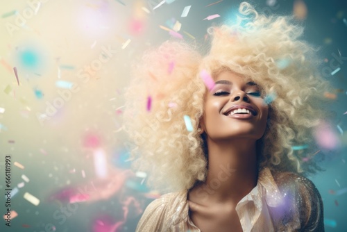 A vivacious girl with a beaming smile, adorned in stylish clothing, exudes confidence and individuality through her striking portrait featuring a woman with a blonde afro
