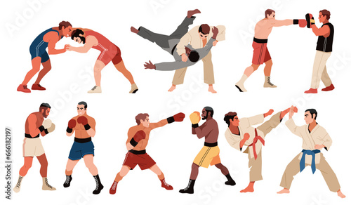 Sparring people. Types of combat sports, professional fighters participate in competitions, athletes in kimonos and shorts, kickboxing, taekwondo and judo cartoon flat isolated tidy vector set