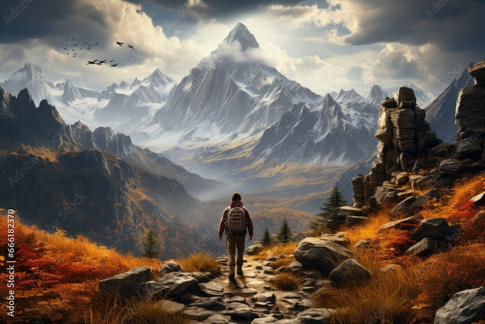 man with backpack on top of mountain looking at valley, in the style of poster, zbrush, large canvas format, low-angle, traditional - obrazy, fototapety, plakaty 