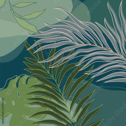 green leaves palm floral lines art print design. Botanical Wall Art Vector Abstract art design for wall print.