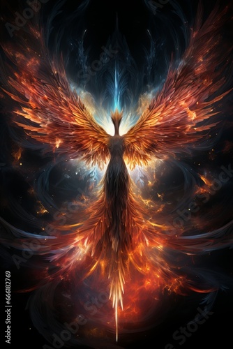 Illustration of an angelic woman, colorful wings, fire wings. Generative ai © Hendrikus