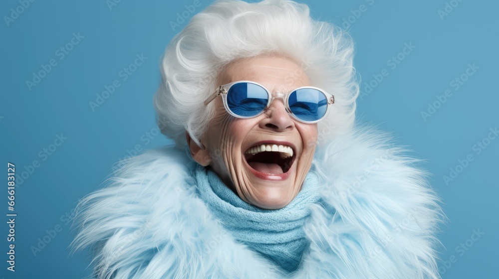 Happy elderly woman in blue neon clothes wear a fur scarf Wear sunglasses and an extravagant style. laugh and smile Trendy grandma poses in the studio.