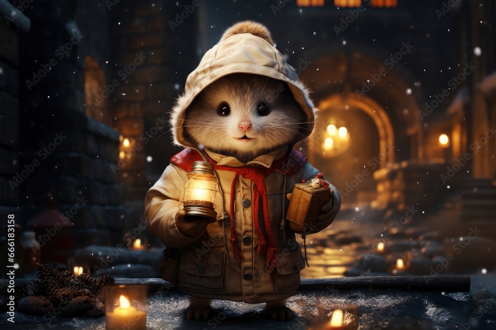 Cute Mouse in Winter Clothes with Lantern Cute Mouse in Winter Clothes with Lantern
