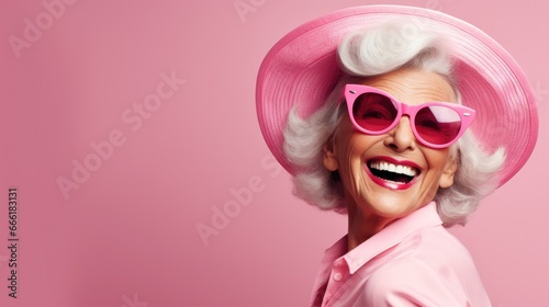 Happy elderly woman in pink neon clothes wear a fur scarf Wear sunglasses and an extravagant style. laugh and smile Trendy grandma poses in the studio. © Thanaphon