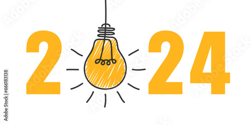 2024 yellow light bulb card decorative, resolution concept, success, innovative business vision, Happy New Year decorative shiny design for celebration - stock vector