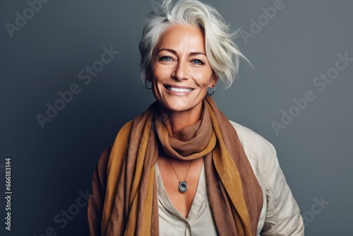 Happy elderly woman in casual clothes wearing a scarf.