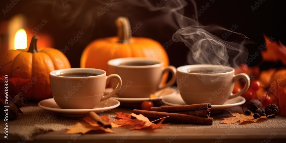 Sweet, aromatic autumn coffee. Halloween decorations. Generative AI Sweet, aromatic autumn coffee. Halloween decorations. Generative AI