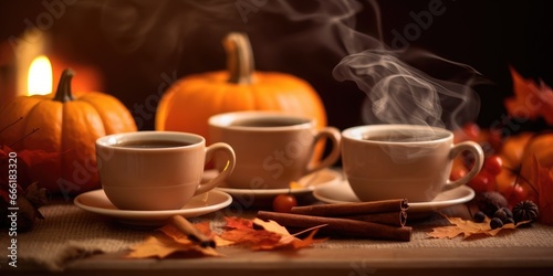 Sweet  aromatic autumn coffee. Halloween decorations. Generative AI