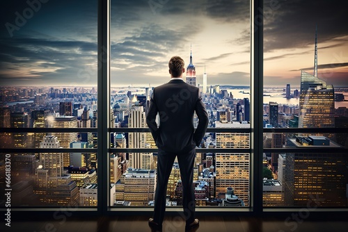 a successful motivated inspirational entrepreneur businessman looking out at city buildings