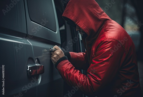 Masked man stealing a car