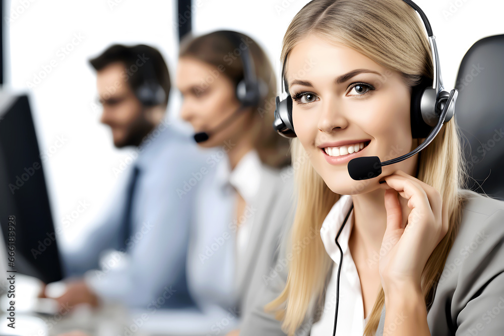 Beautiful woman Customer service representative talking through headset, AI generated Beautiful woman Customer service representative talking through headset, AI generated