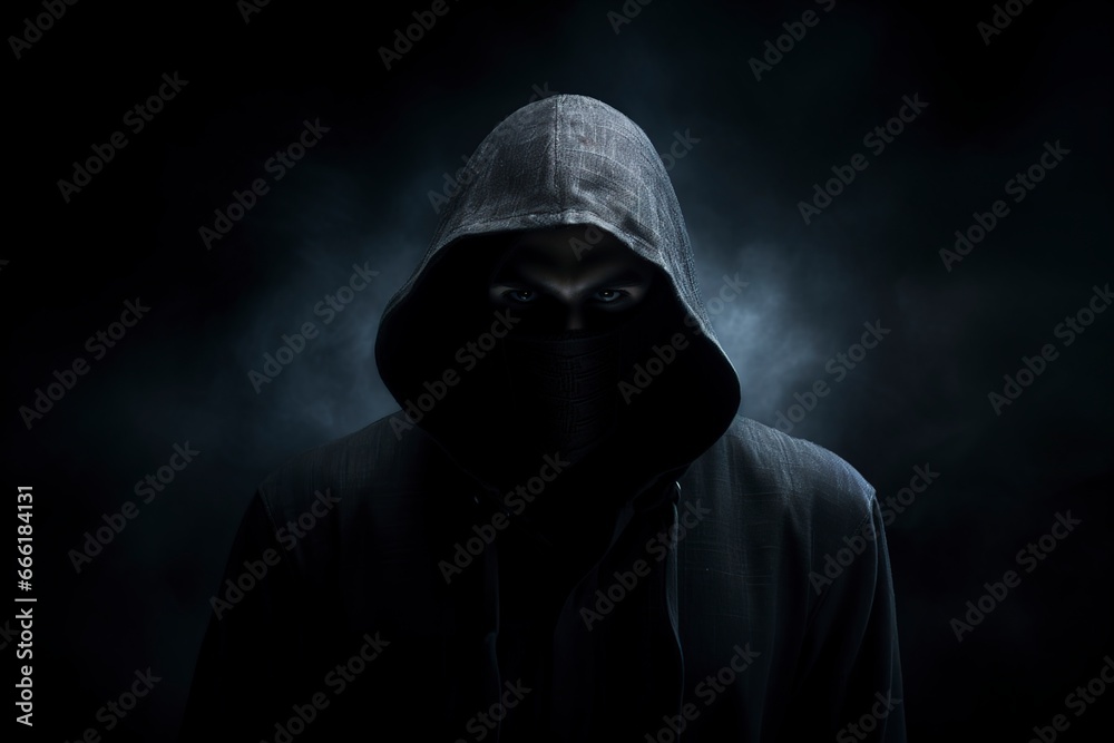 hooded man on dark background - obrazy, fototapety, plakaty 