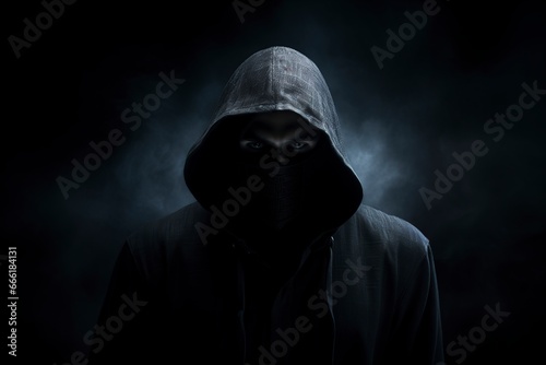 hooded man on dark background