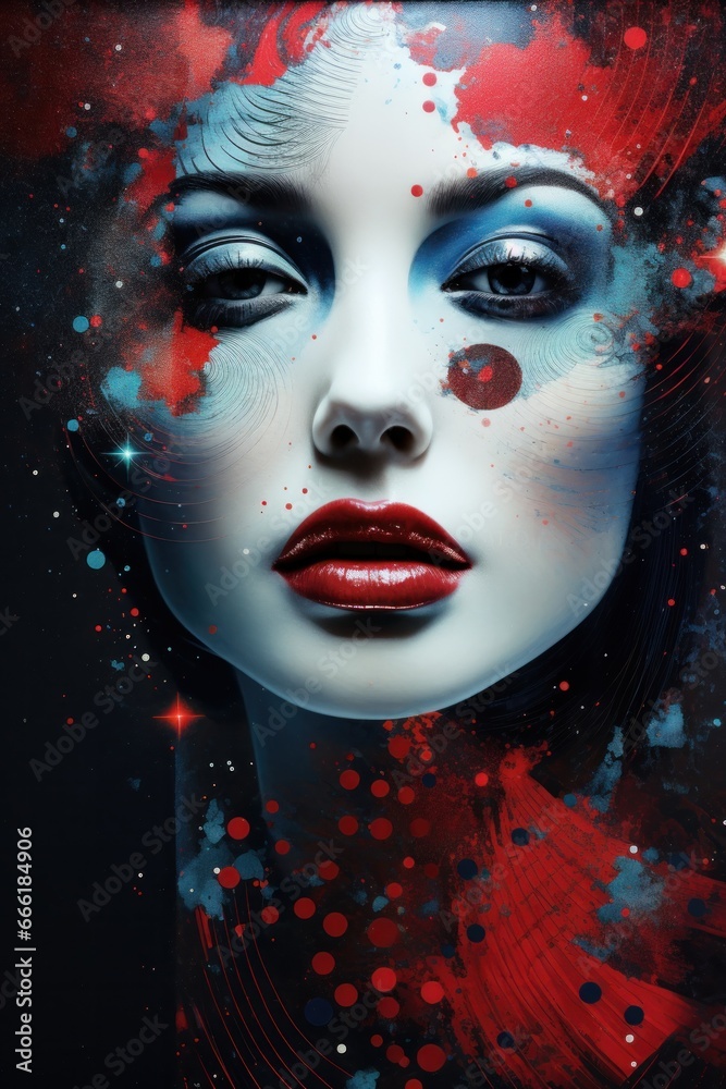 Vibrant strokes of red and blue create a mesmerizing portrait of a fashion-forward woman, her lips coated in a bold lipstick and her eyes adorned with striking eyelashes, exuding an alluring mix of a