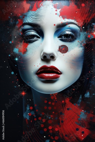 Vibrant strokes of red and blue create a mesmerizing portrait of a fashion-forward woman, her lips coated in a bold lipstick and her eyes adorned with striking eyelashes, exuding an alluring mix of a